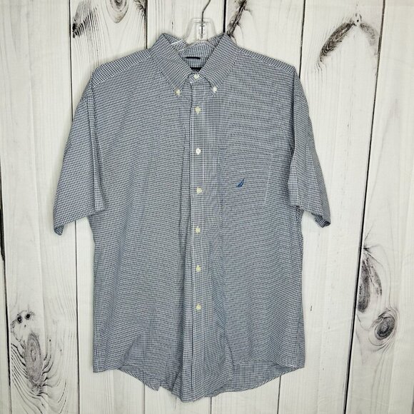 Nautica Button Down Shirt Mens Sz XL Blue Plaid Short Sleeve - Picture 1 of 8